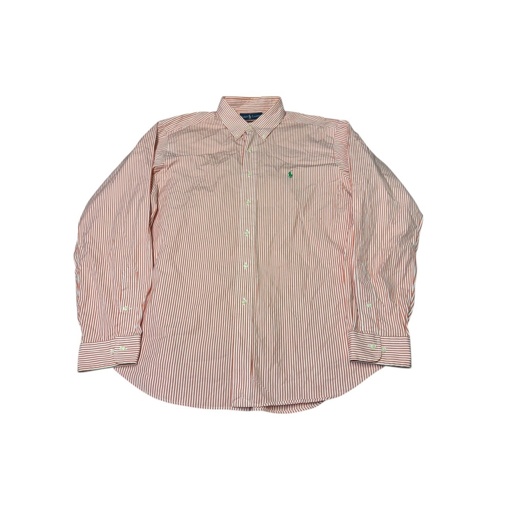 Ralph Lauren Classic Fit Striped Button Down Shirt Orange‎ White Mens 17 34 XL